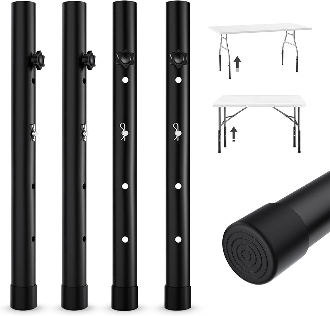Table Leg Extensions for Straight/Bent Folding Tables, Metal Extenders, Reduces Stooped Work, Improves Back Pain, 4 Levels/Heights Adjustable Risers (4 Pack)