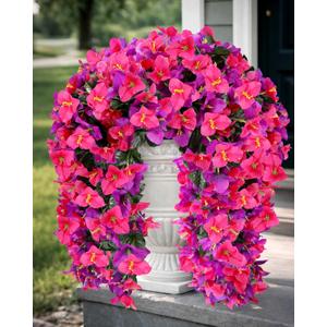 Artificial Flowers for Outdoors 2 Bundles of UV-Resistant Artificial Bougainvillea, Realistic Silk Flowers for Front Porch, Patio, Garden, Window Boxes & Hanging Baskets (Purple& Hot Pink, 2)