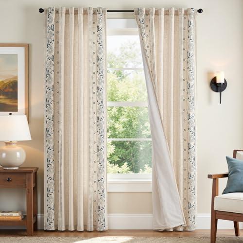 jinchan Winslow Lined Linen Curtains for Bedroom 84 Inches Linen Blended Embroidered Bordered Floral Curtains for Living Room Farmhouse Decor Window Treatments Blue on Beige Drapes 2 Panels