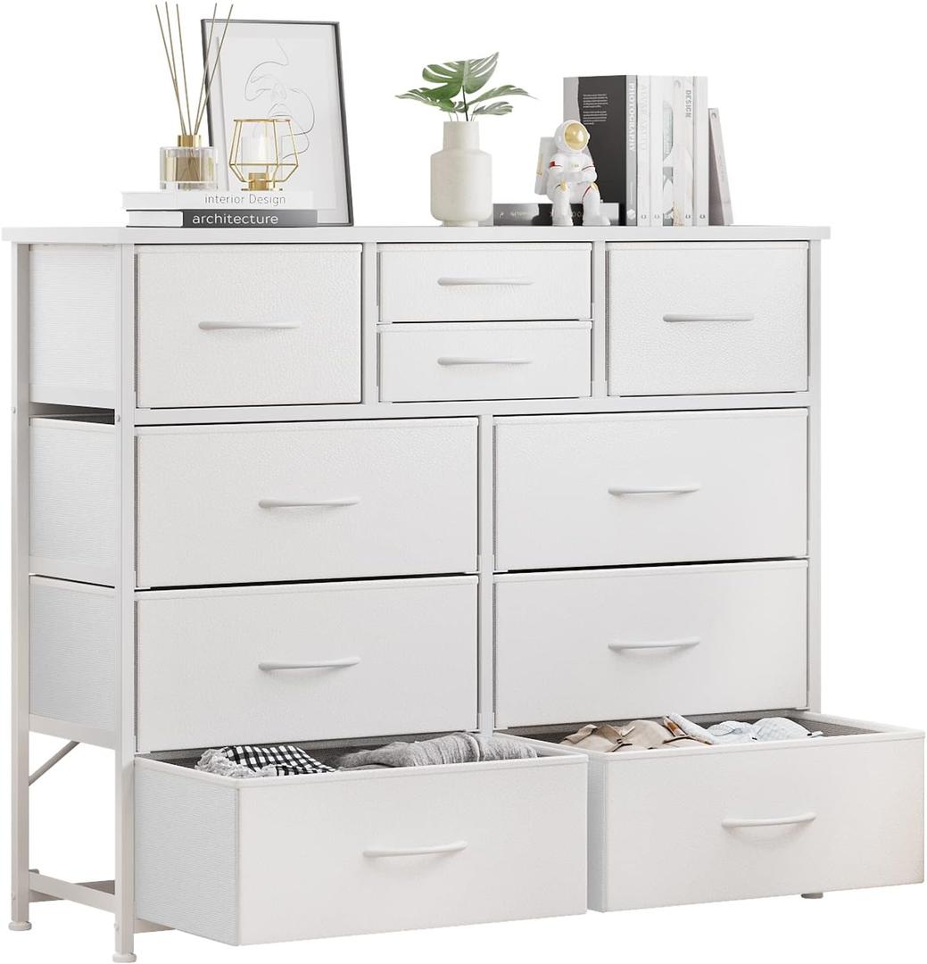 LUMTOK 10-Drawer Dresser, Fabric Storage Dressers Drawers for Bedroom, Hallway, Nursery, Closets, Steel Frame, Wood Top, Easy Pull Handle (White), 11.8"D x 39.4"W x 39"H