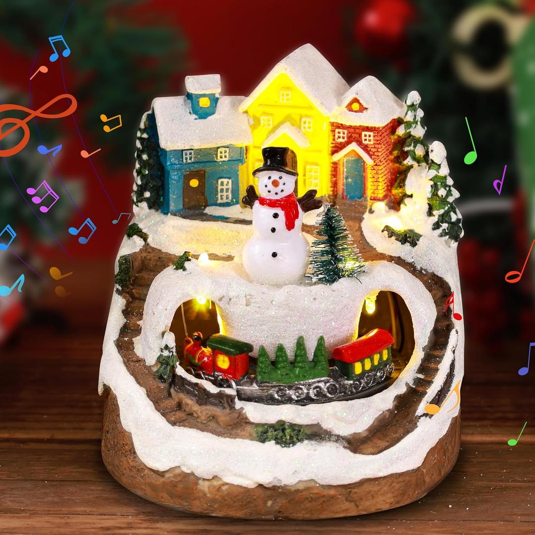 Musical Christmas Village Houses with LED Light & Rotating Train, Ornaments Centerpiece Decor with USB and Battery Power, Thanksgiving Xmas Holiday Indoor Decor
