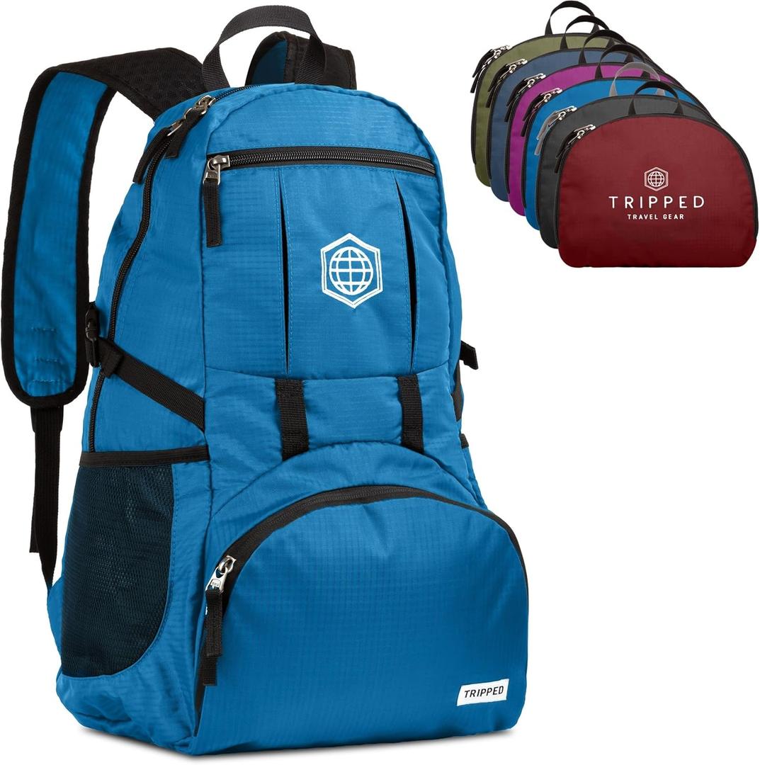 TRIPPED Travel Gear Traveling Backpack- Foldable Collapsible Lightweight Backpack for Travel (Light Blue) 35 liters (Tropical Blue)