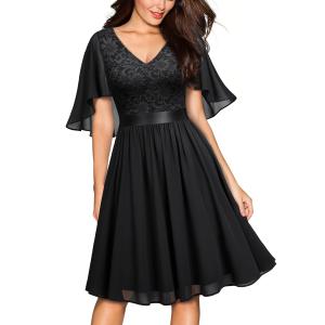 MISSMAY Women's Plus Size Lace Contrast Chiffon V Neck Flowy Cocktail Wedding Guest Midi Dress,S