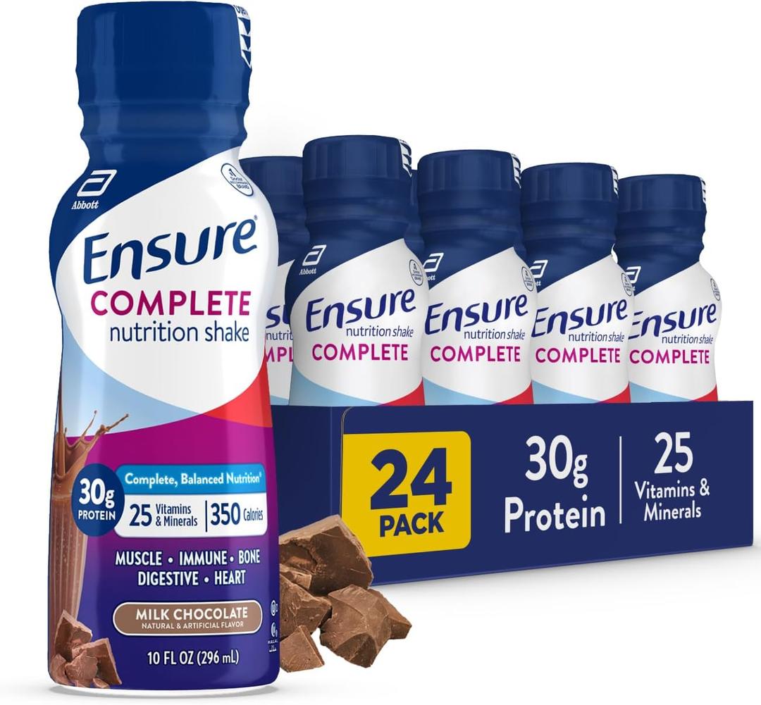 Ensure COMPLETE Milk Chocolate Nutrition Shake, Complete, Balanced Meal Replacement, Ready To Drink, 30g Protein, 25 Vitamins & Minerals, 10 fl oz24 Pack BB: 9/1/2026