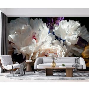 White Peony Flower and Black Background Wallpaper for Bedroom Wall Decor (Not Peel and Stick) (M03)