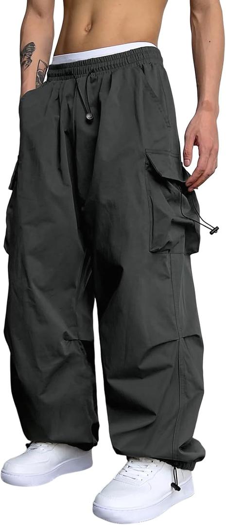 ZAFUL Flat Pocket Parachute Pants for Men Casual Baggy Cargo Pants Unisex Street Y2K Pants Drawstring Trouser (Small, 1-dark Gray)