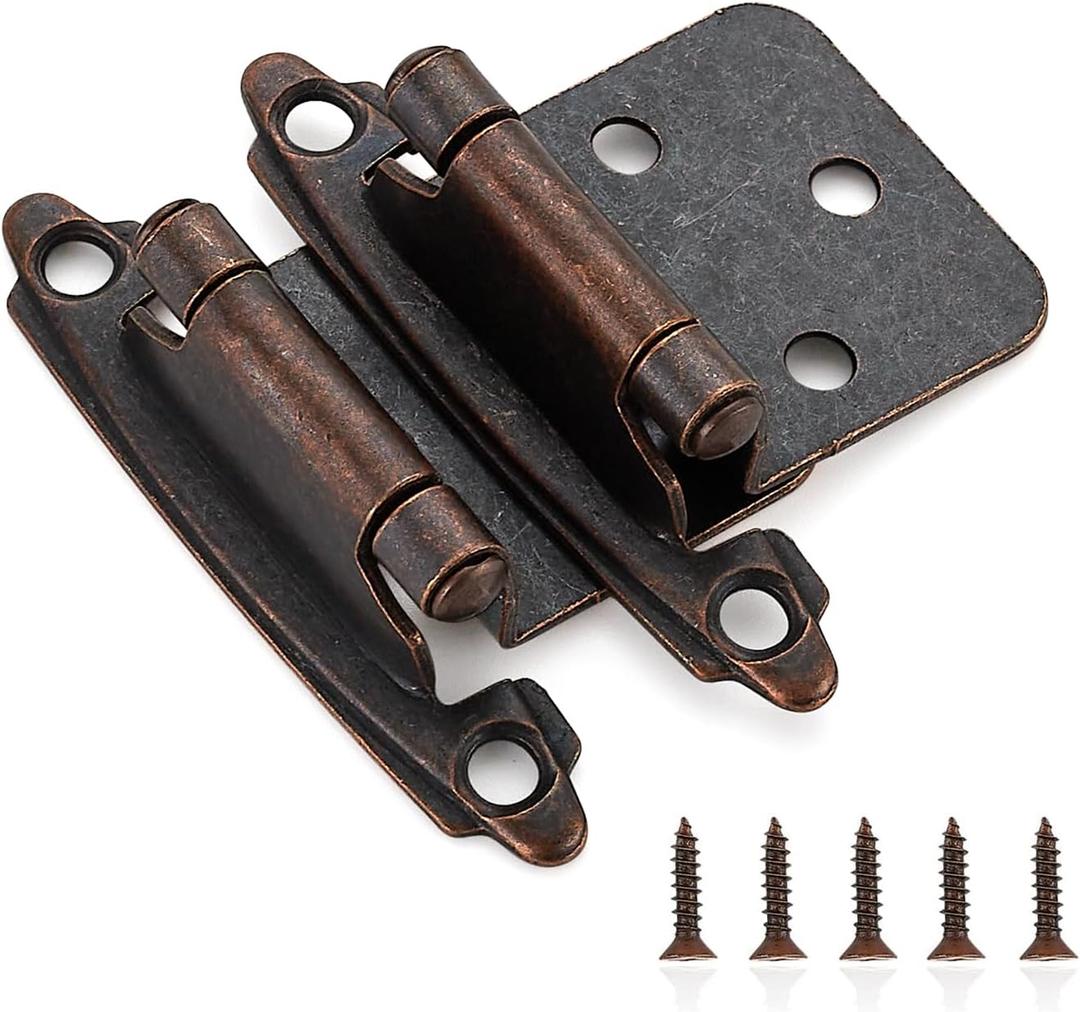 Ravinte 30 Pack (15 Pairs) 1/2" Overlay Cabinet Hinges, Self-Closing Semi-Concealed Face Mount, Antique Copper Decorative Hardware with Door Bumpers for Kitchen & Cupboard Doors