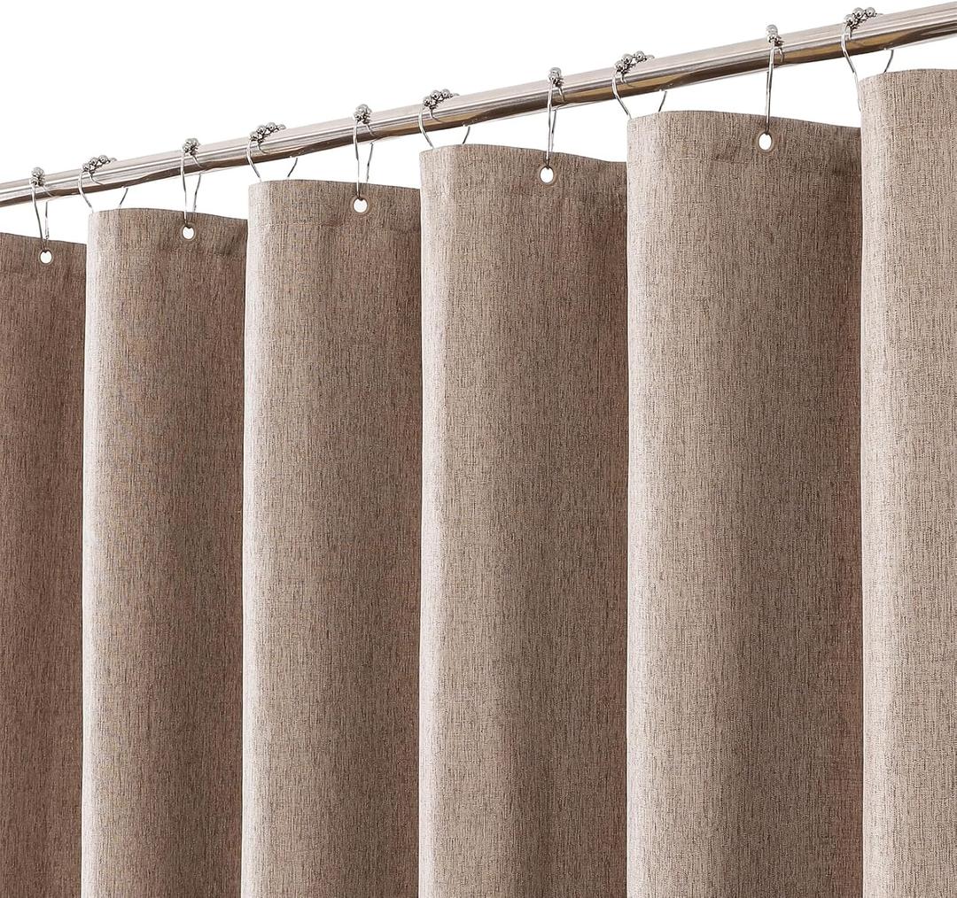 meioro Fabric Shower Curtain, Neutral Linen Textured Shower Curtain Set with 12 Hooks, Boho Farmhouse Bath Decor 230GSM Heavy Duty Polyester Cloth Shower Curtains for Bathroom, 72Wx84H, Tan