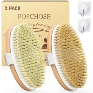 POPCHOSE Dry Brushing Body Brush, Natural Bristle Dry Skin Exfoliating Brush Body Scrub for Flawless Skin, Cellulite Treatment, Lymphatic Drainage and Blood Circulation Improvement (2 Count (PP+Boar Bristles))