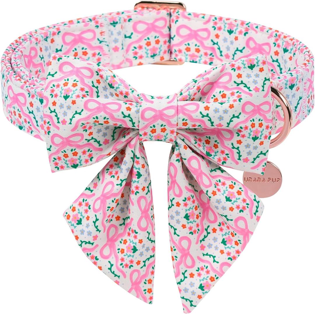 Pink Bow & Floral Dog Collar, Spring Summer Soft Cotton Dog Collar with Premium Quick Release, Adjustable and Comfortable Pet Collar for Small, Medium, and Large Dogs
