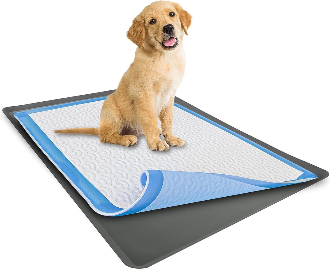 TidyFriend Dog Pee Pad Holder Tray Fits for 28 x 34 Wee Wee Pee Pads - Stable Grip, Raised Edges, Quick-Wipe Silicone Surface Dog Potty Tray Holder for Indoor Flooring Protection (Grey) (Gray)