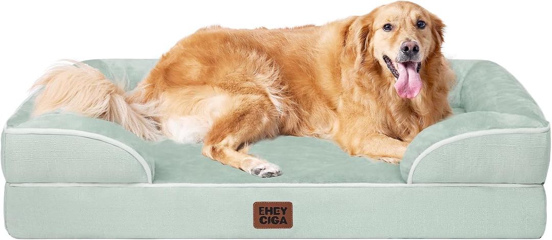 EHEYCIGA Orthopedic Dog Beds for Extra Large Dogs, Waterproof Memory Foam XL Dog Bed with Sides, Non-Slip Bottom and Egg-Crate Foam Big Pet Couch Bed with Washable Removable Cover, Sage Green (44.0"L x 32.0"W x 6.5"Th)