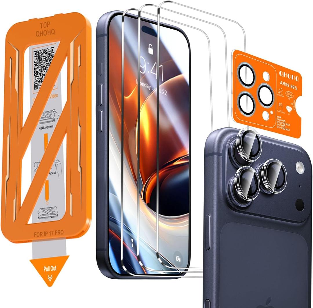QHOHQ [1-Second Auto-Install] 3 Pack Screen Protector for iPhone 17 Pro [6.3 Inch] + 1 Set Camera Lens Protector, Shatterproof Tempered Glass, [Military Grade Protection], Anti-Finger, Case Friendly