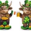 Thyle 2 Pcs St. Patrick's Day Shamrocks Highland Cow Figurines Irish Leprechaun Lucky Gnomes Scottish Resin Statue Calf Lovers Gifts for Home Garden Kitchen Office Tiered Tray Table Decor