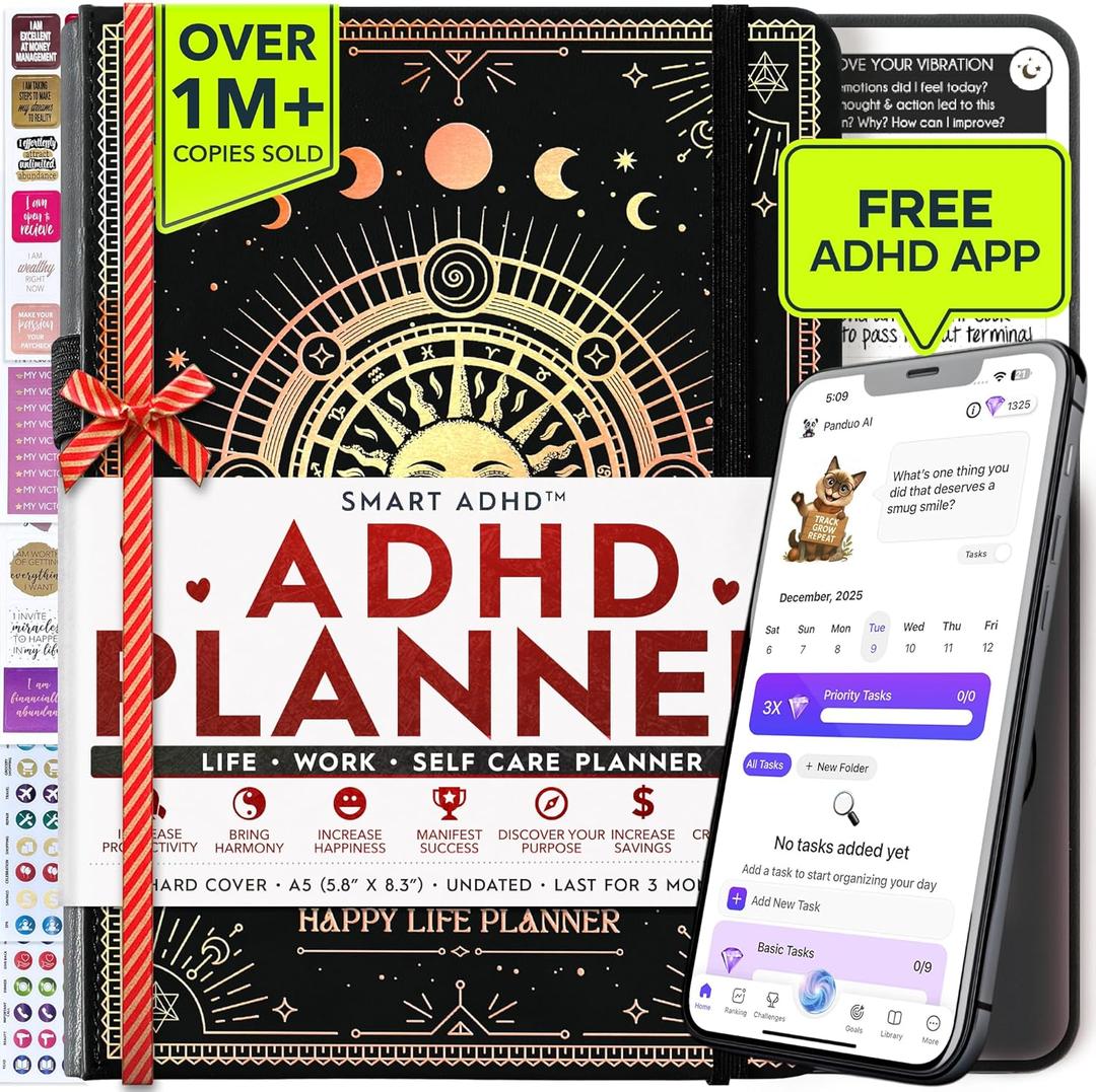 Adhd Daily Planner - A Self Care Personal Gratitude Journal to Increase Productivity and Success in Life & Work, Weekly & Monthly Undated Planner for Women and Men, Vision Board & Organizer + Stickers