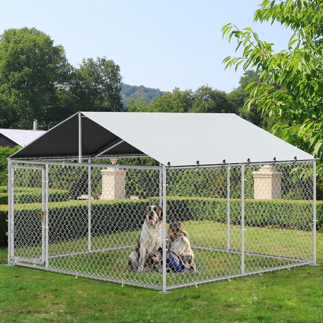 YITAHOME 10'x10' Outdoor Dog Enclosure with Metal Dog Gate, Dog Kennel Outside with Roof, Dog Fence Outdoor for Yard