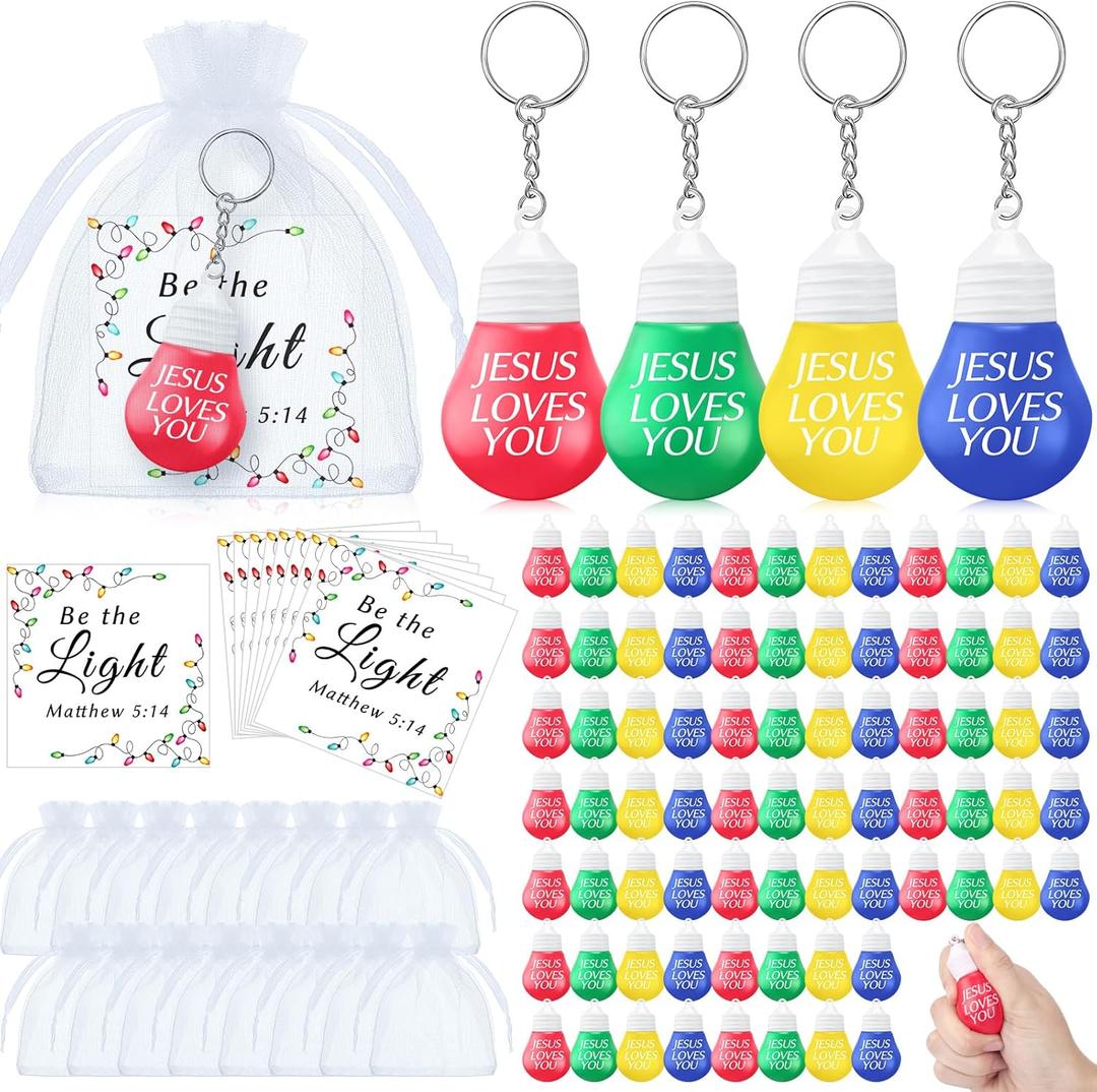 Aurelema 60 Sets Easter Religious Jesus Gifts Bulk Jesus Loves You Light Bulb Shaped Stress Ball Keychains with Christian Cards Organza Bags for Church Prizes Easter Egg Fillers