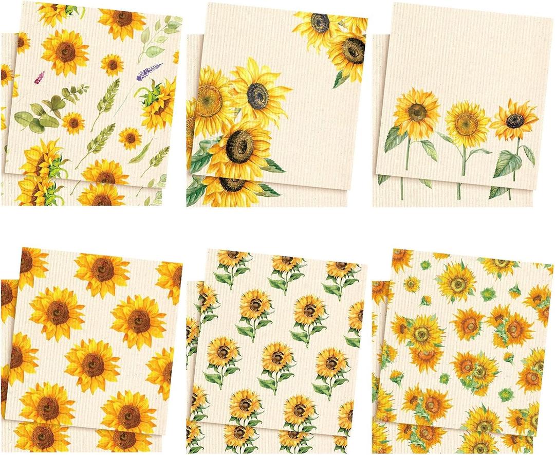 Sunnyray 12 Pcs Swedish Kitchen Dish Towels Dishcloth Reusable Sponge Cleaning Cloth Kitchen Towels Absorbent Washable Dish Cloth Drying Hand Towel(Yellow, Sunflower)