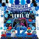 Video Game 12th Birthday Decorations for Boys, Blue Level 12 Party Decor Kits for Boy, 12 Years Old Game Supplies- Backdrop Honeycomb balls Hanging Swirls Centerpieces Balloons Tablecloth Cake topper