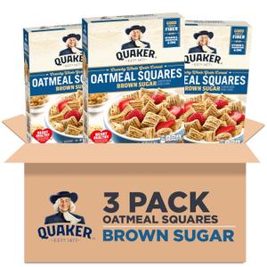 Quaker Oatmeal Squares Breakfast Cereal, Brown Sugar, 14.5oz Boxes (3 Pack) (EXP 10/03/26)