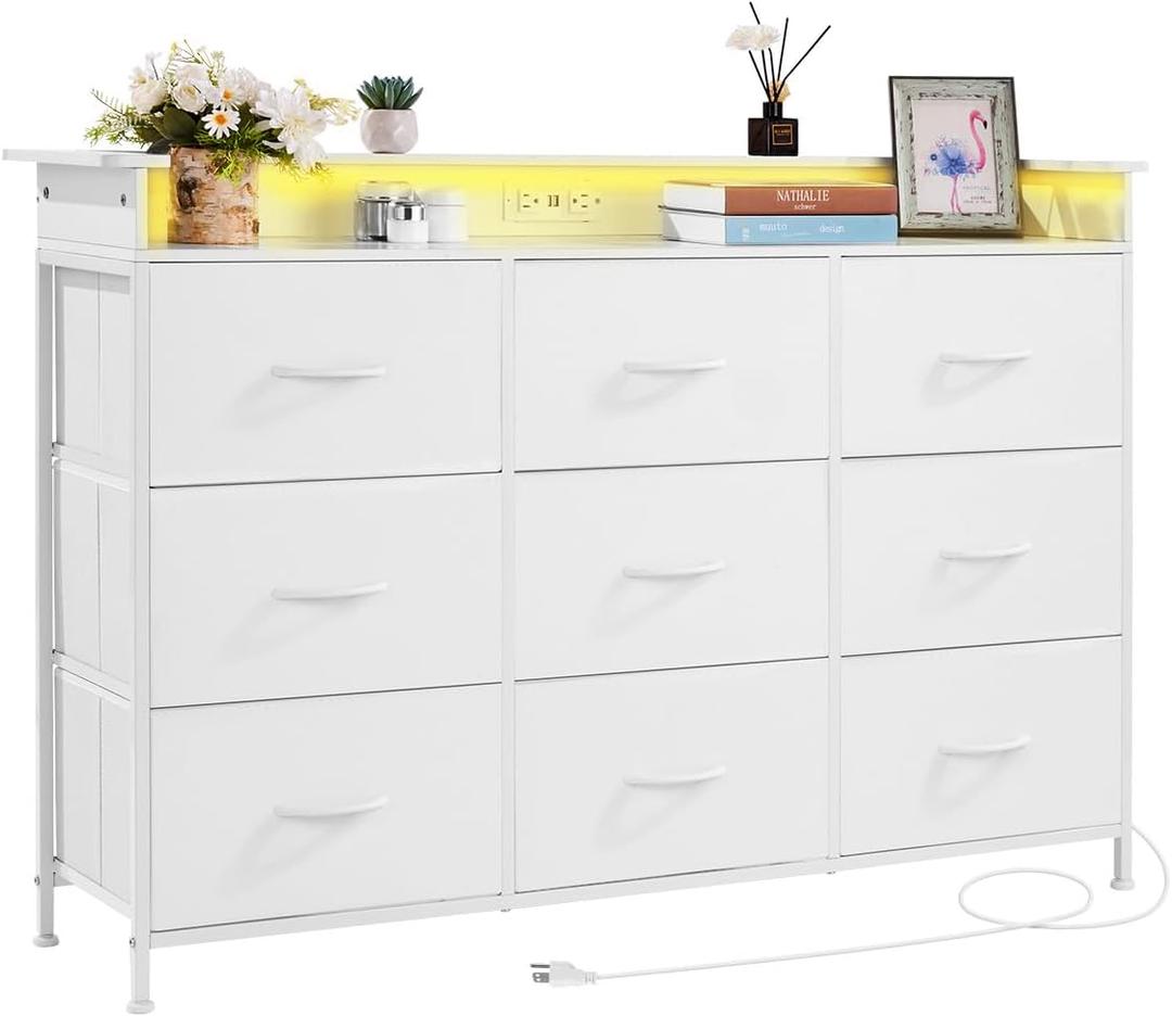  9 Drawer Dresser, Tall Drawer Dresser with Fabric Bin, Closet Storage Drawers with Sturdy Metal Frame, LED Lights & Built-in Outlet, Fabric Storage Tower for Bedroom, Hallway, Closet, White