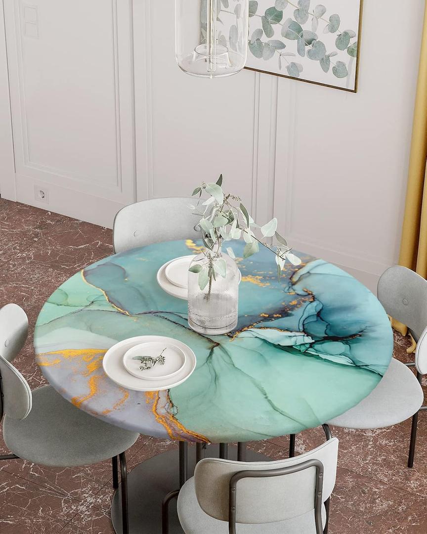 Turquoise Fitted Round Marble Table Cloth,Gold Gradient Cracked Kitchen Cover with Elastic Edge Waterproof Cloth,Modern Abstract Art Circle Covers for Indoor Outdoor 45-54in,Teal Marble