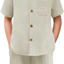 Haloumoning Boys 2 Pieces Summer Outfits Beach Short Sleeve Button Down Shirts and Shorts Vacation Texture Sets for Kids (7-8 Years, Beige)