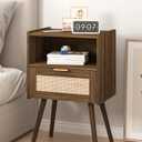 Veegle Nightstand,Modern Bedside Table with Storage Drawer and Open Wood Shelf, Accent Night Stand with Solid Wood Legs for Living Room, Bedroom and Small Spaces,Easy Assembly (Walnut BrownRattan)