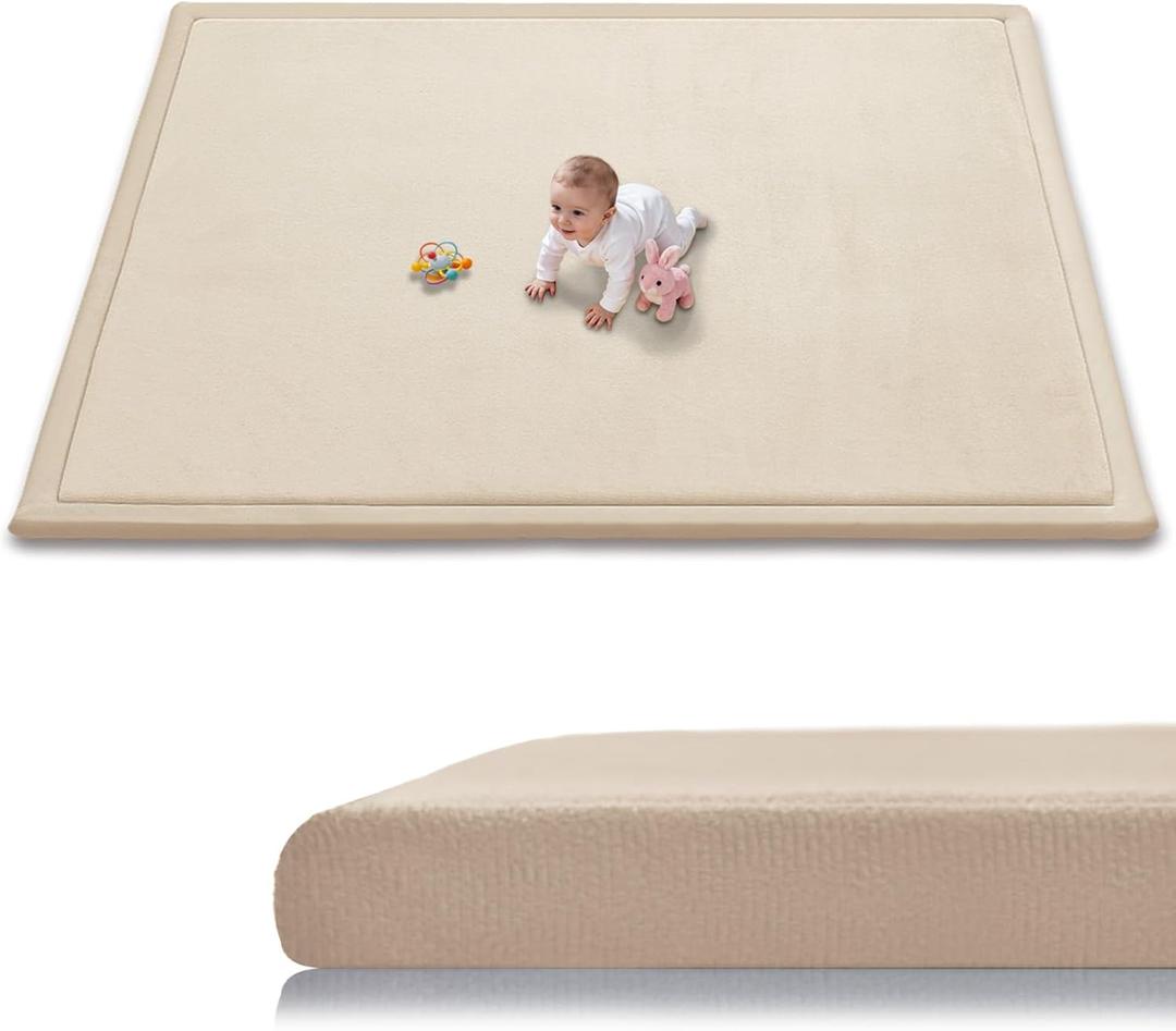 Baby Play Mat for Floor, 1.3 Inch Thick Memory Foam Tummy Time Mat with Non Slip Backing, Soft Coral Velvet 71X79 Inch Playpen Mat Crawling Tatami for Infants Toddlers Kids, Beige