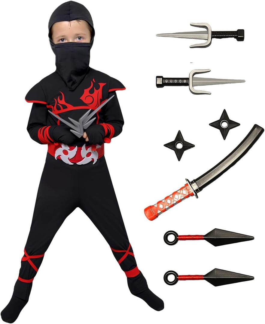 Kids Ninja Halloween Costume with Full Accessories, Ninja Outfit Dress Up Set, Halloween Costume (M (8-10 YRS))
