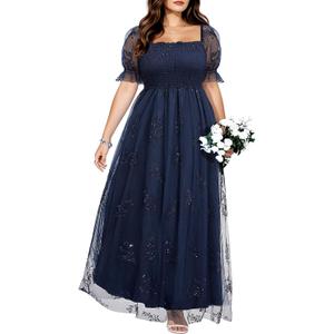 Plus Size Formal Dresses - Bridesmaid Leaf Embroidery with Sequin Tulle Prom Long Dress (Navy Blue)