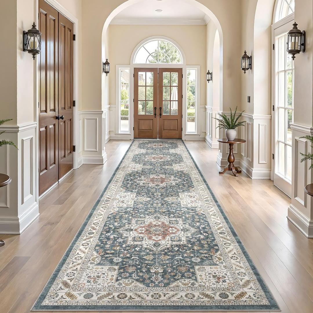 Vintage Hallway Runner Rug 3x12: Large Soft Washable Entryway for Kitchen Laundry Room Non-Slip Backing Runner for Entrance Living Room Bedroom Bathroom - Vintage Blue