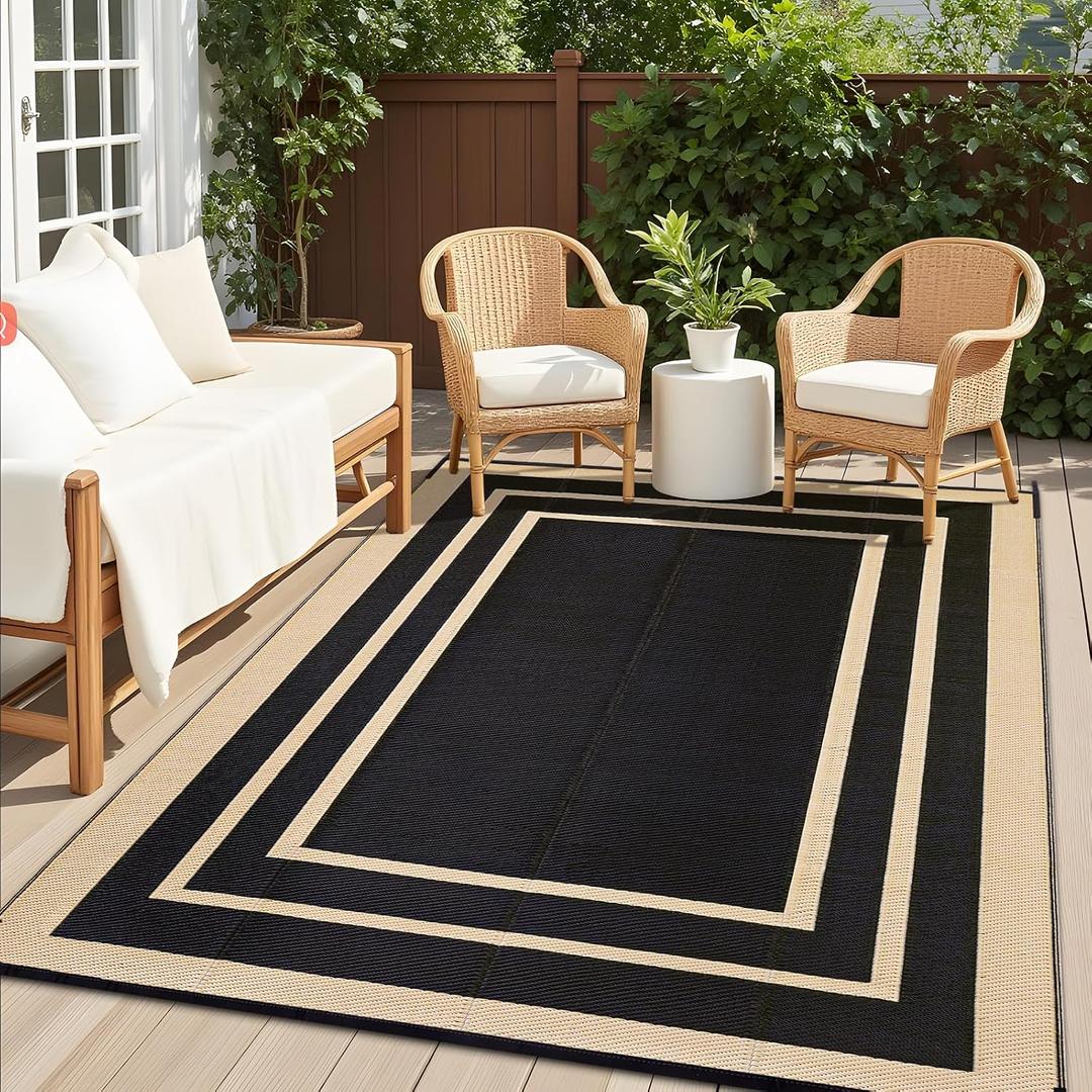 OLANLY Outdoor Rug 8x10 ft Waterproof, Reversible Outdoor Plastic Straw Rug, RV Mat, Indoor Outdoor Carpet Clearance for Patio, Camping, Balcony, Deck, Backyard, Black & Beige - Pack of 2