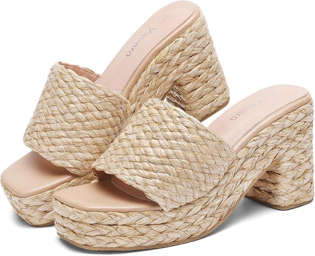 Yavero Espadrille Platform Sandals For Women Raffia Chunky Heels Open Toe Bohemia Sandals for Vacation,Beach, Size 11 