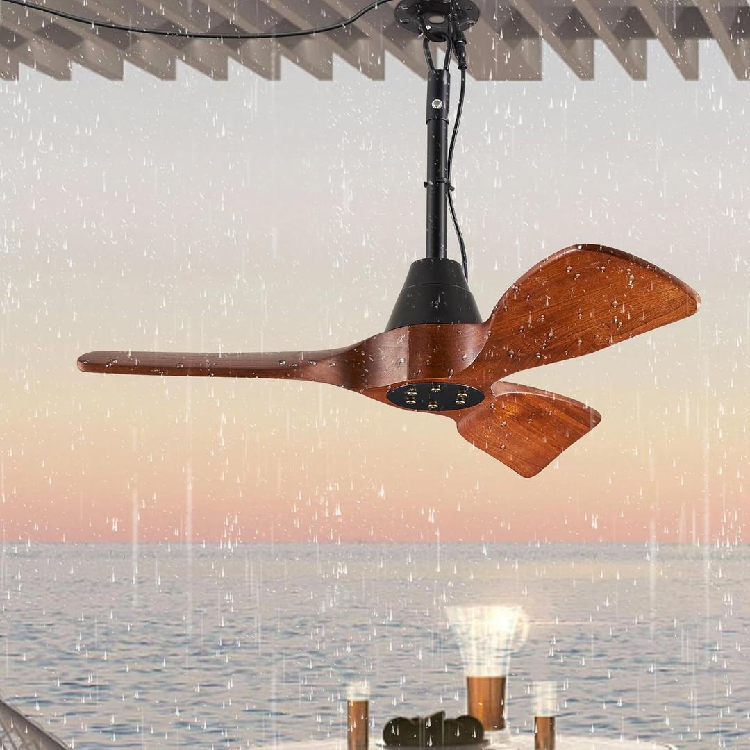 3 Blades Wood Outdoor Ceiling Fan for Patios, Farmhouse Rustic Ceiling Fans, 34" Plug-in Wet Rated Outdoor Gazebo Fan for Exterior House Porch Patio, Waterproof,F248