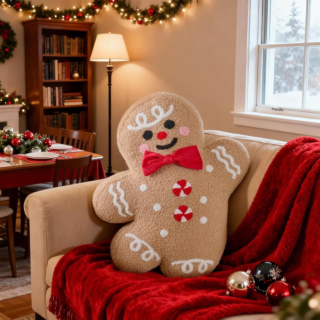 Lanpn Christmas Gingerbread Boy Pillow, Christmas Decoration Winter Throw Pillows Soft Fleece Sherpa Cute 3D Shaped Ginger Bread Man Throw Cushion for Sofa Bedroom Xmas Decor (15.2x18.3 inch)