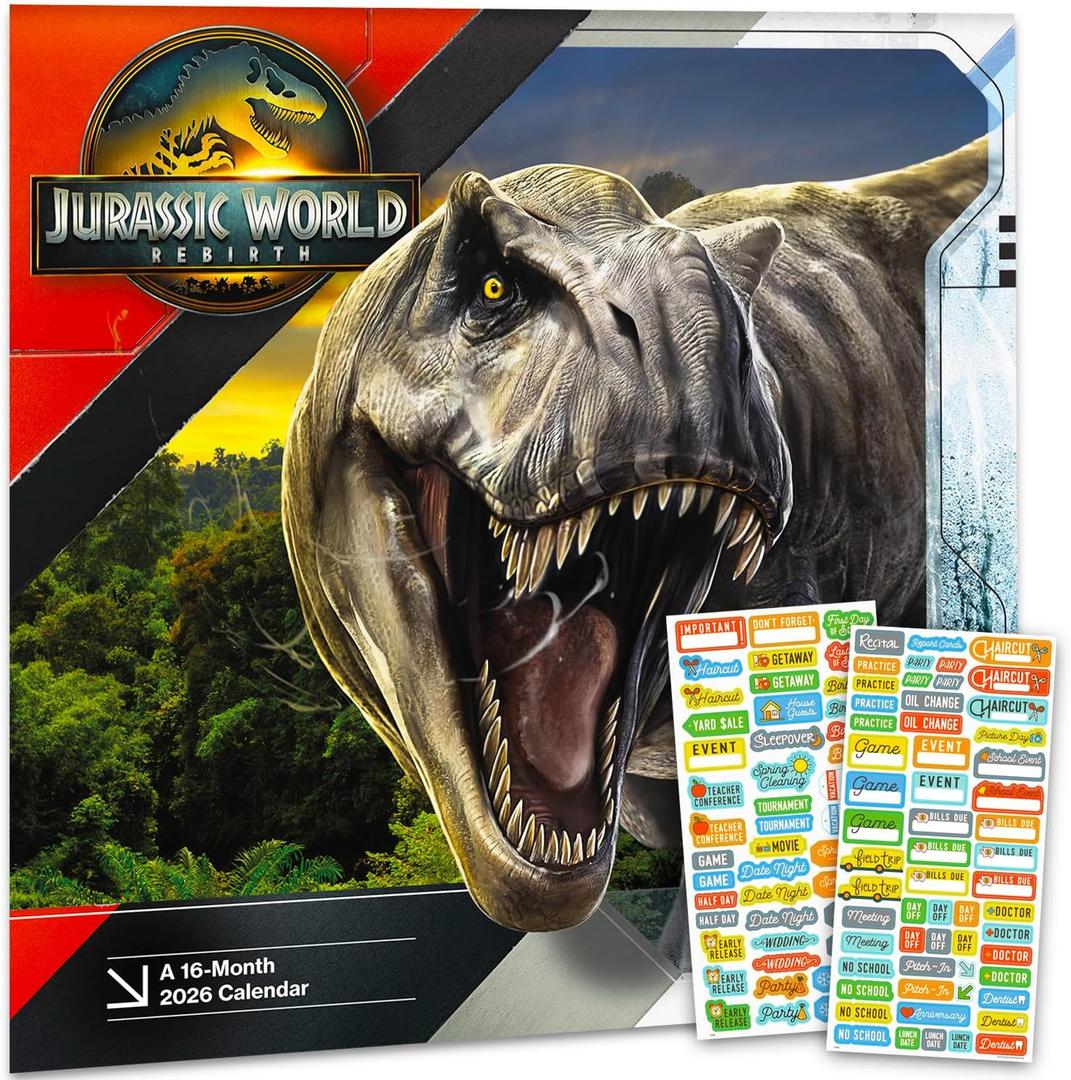 Jurassic World Calendar 2026 - Deluxe 2026 Jurassic World Dinosaurs Wall Calendar Bundle with Over 100 Reminder Stickers (Jurassic Park Gifts, Office Supplies)