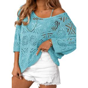 Dokotoo Women's 2026 Spring Summer Crochet Hollow Out 3/4 Sleeve Pullover Sweater Off Shoulder T-Shirts, Size Large