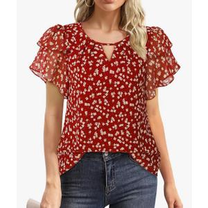 Youtalia Womens Blouses Dressy Casual Summer Tops Chiffon Puff Ruffle Short Sleeve V Neck Work Shirts Size L