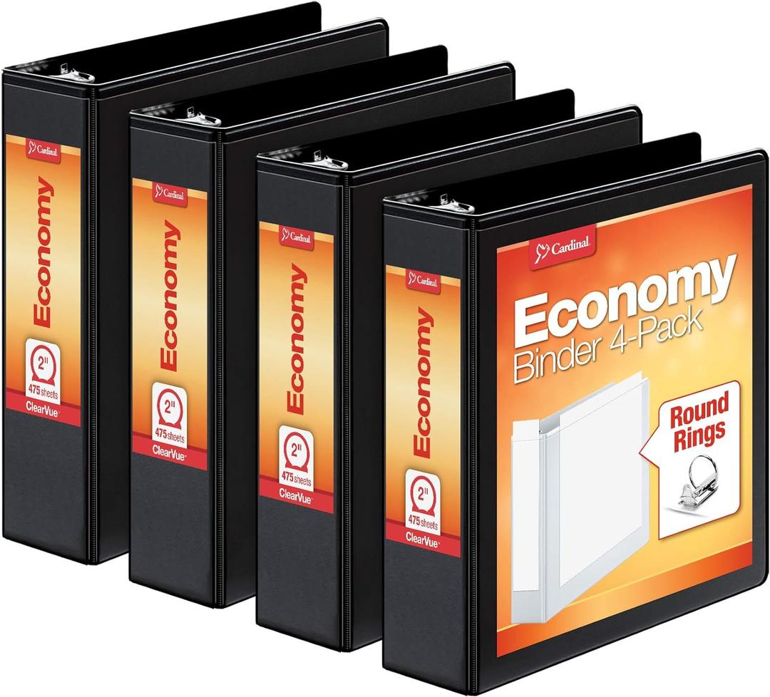 Cardinal Economy 3 Ring Binder, 2 Inch, Presentation View, Black, Holds 475 Sheets, Nonstick, PVC Free, 4 Pack of Binders (79522)