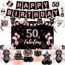 50th Birthday Decorations for Women, Pre-Strung Black Rose Gold Happy Birthday Banner Balloons Backdrop Honeycomb Centerpieces & Hanging Swirl Streamers, 50 Years Old Birthday Party Decorations Kit