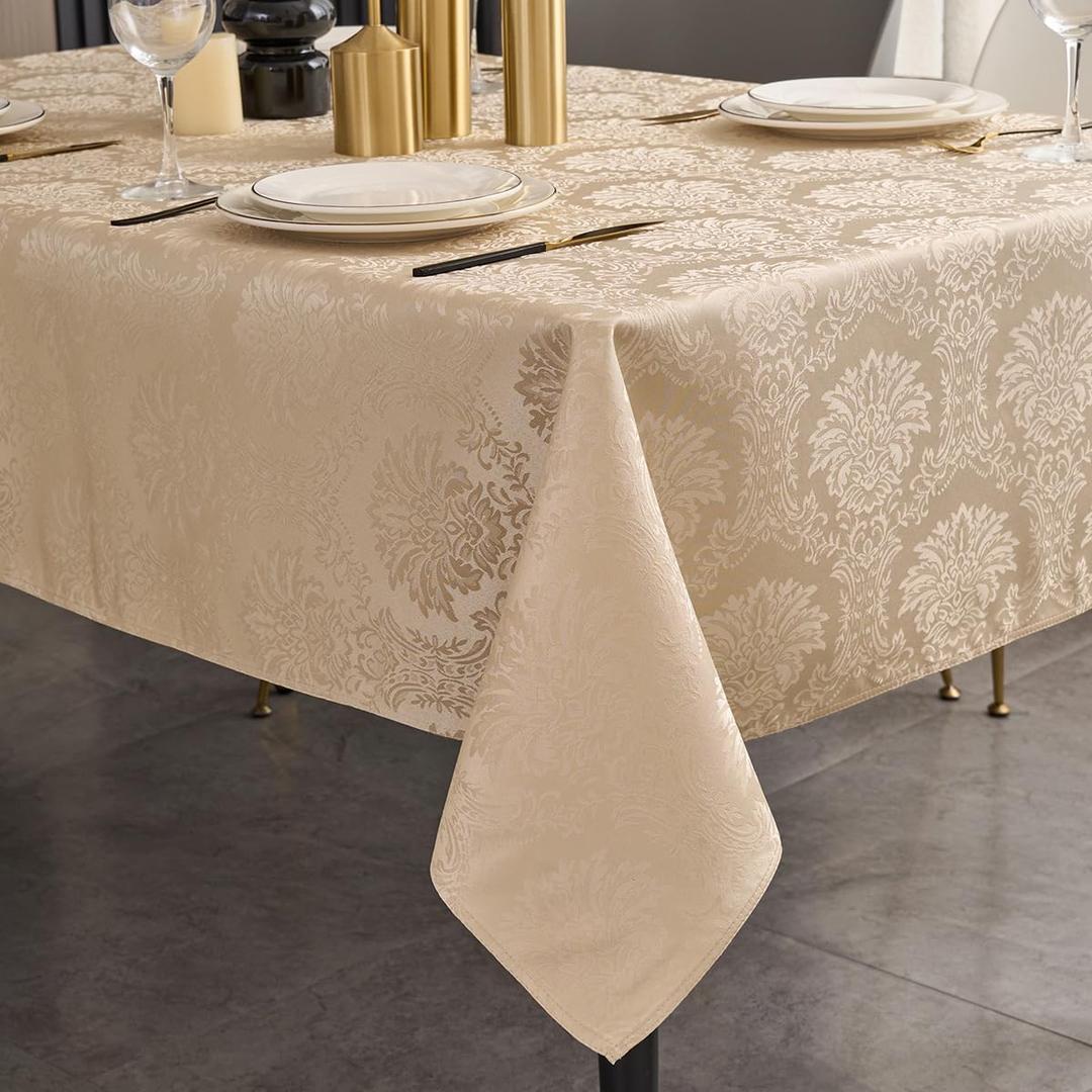 Romanvicky Jacquard Tablecloth Gold Flowerl Pattern Rectangle Table Cloth Spill Proof Wrinkle Resistant Polyester Table Cover for Dining, Kitchen, Holiday Decoration, 60 x 84 Inch