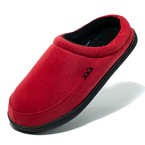 NewDenBer Men's Warm Memory Foam Suede Plush Fleece Lined Slip on Indoor Outdoor Clog House Slippers (11-12 D(M) US, Red/Black)