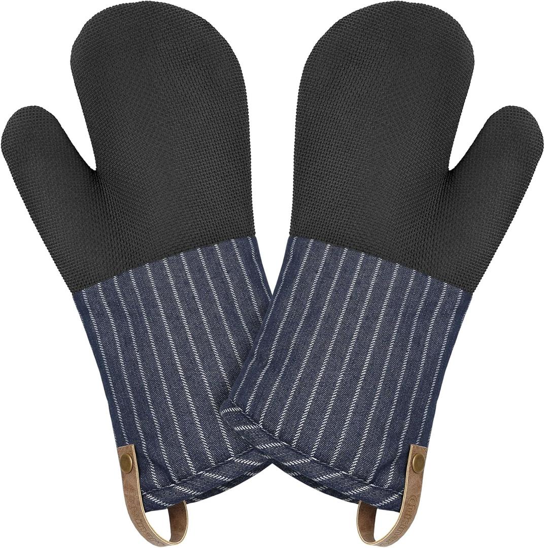 Cuisinart Heritage Kitchen Oven Mitts  Heat-Resistant Kitchen Mitts for Oven with Non-Slip Neoprene Palm, Long Cuff, and Cotton Filling  Durable Oven Gloves for Cooking, Baking, & Grilling (Denim Pinstripe)