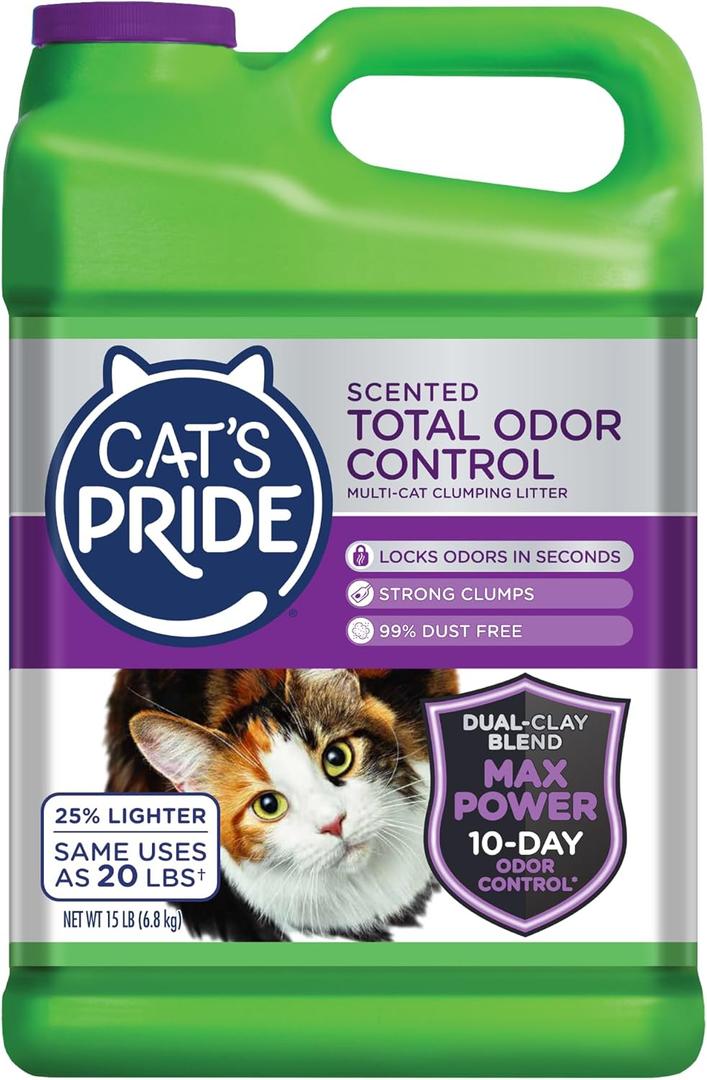 Cat's Pride Max Power: Total Odor Control - Up to 10 Days of Powerful Odor Control - Strong Clumping - 99% Dust Free - Multi-Cat Litter, Scented, 15 Pounds