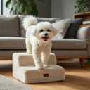 PETNOVO Ultra-Soft Faux Fur Dog Stairs for Couch and Sofa, 2-Step Dog Steps for Small Dogs, Non-Slip Foam Pet Stairs, Washable Cover, 15.7" D x 15.7" W x 11.8" H, Off-White