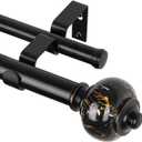 KAMANINA 1 Inch Double Curtain Rod 72 to 144 Inches (6-12ft) Black Telescoping Curtain Rods for Windows, Heavy Duty Dual Drapery Rods with Marbled Finials