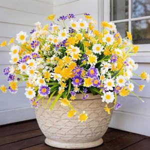 12 Bundles Artificial Daisy Flowers for Outdoors Summer Decor, UV Resistant Fake Cemetery Flowers Faux Plastic Greenery Shrub Plants for Home Gardens Porch Planter Yards Dcor(Mix White Yellow Purple)