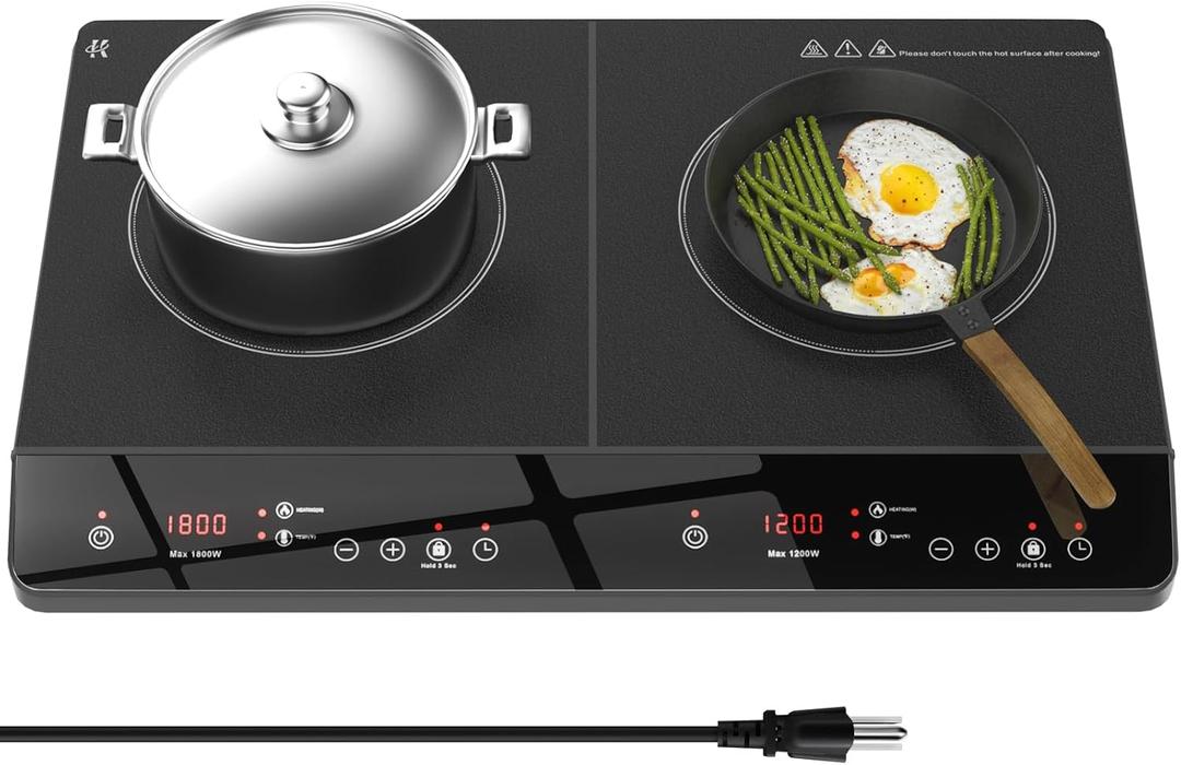 Double Induction Cooktop, Portable 1800W Induction Cooker 2 Burner Independent Touch Control, Ceramic Electric Stove with 9 Temperature and Power Level, Safety Lock, 3 Hour Timer - Black