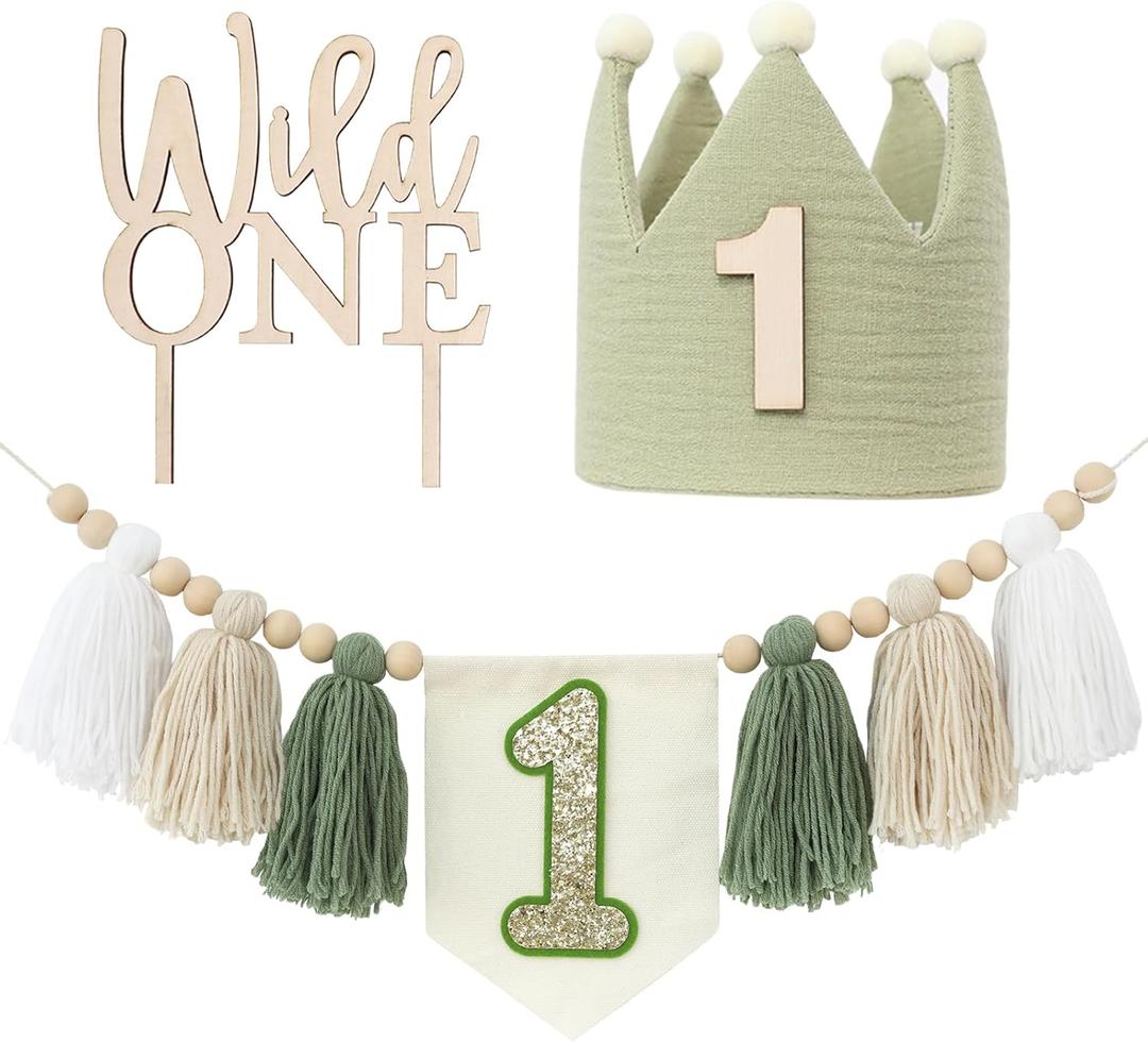 Wild One High Chair Banner For 1st Birthday Party Boy Decorations With Green Tassel Garland Crown Hat Cake Topper